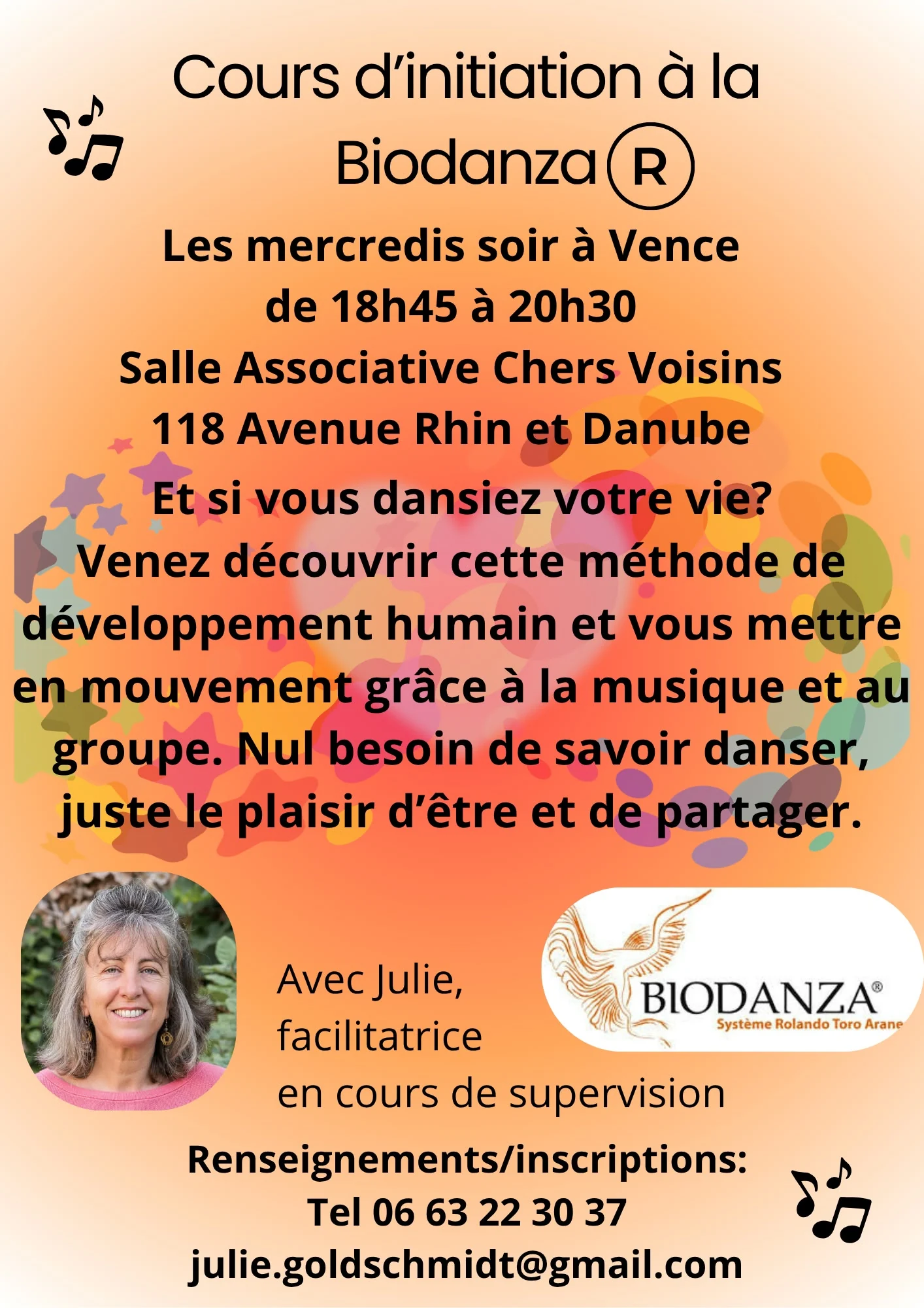 Affiche des cours d’initiation à la Biodanza avec Julie, le mercredi de 18 h 45 à 20 h 30 à Vence. Informations retranscrites sur cette page.